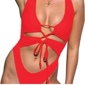 Women One Piece Sexy Cutout Swimsuit Bathing Suit Orange Size M
